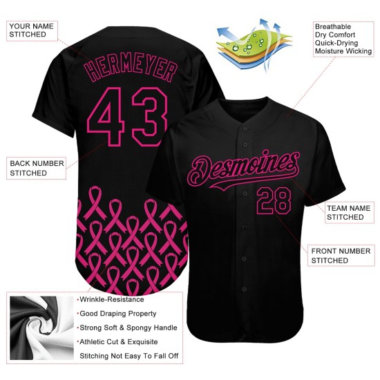 Krebs Pflege Authentische Rosa Band Jersey Custom Awareness Rosa Monat Baseball 3D Unterstützung Gesundheit Brust Heiße Frauen Schwarz