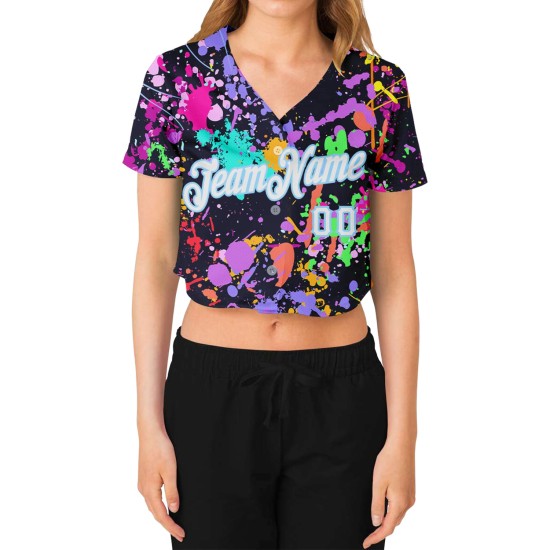 Damen Jersey Splashes Cropped V-Ausschnitt Custom Graffiti Blau Muster 3D Weiß-Licht Baseball