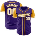 Jersey Custom Baseball Weiß-Gold Lila Ton Authentic Zwei