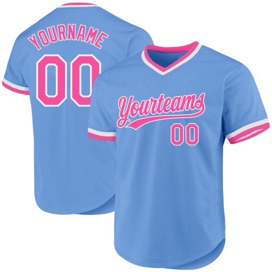 Jersey Blau Throwback Authentic Custom Pink-Weiß Helles Baseball